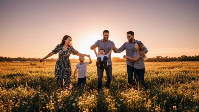 An epic, cinematic moment of a family laughing joyously in a golden-hour field in Cranbourne, their genuine smiles radiating happiness, exemplifying capturing authentic joy in Cranbourne family photography. The father playfully lifts his child while the mother embraces them, all bathed in warm, dramatic sunlight with a soft bokeh background.