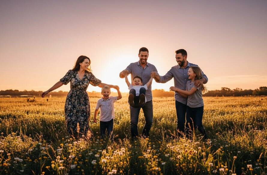 An epic, cinematic moment of a family laughing joyously in a golden-hour field in Cranbourne, their genuine smiles radiating happiness, exemplifying capturing authentic joy in Cranbourne family photography. The father playfully lifts his child while the mother embraces them, all bathed in warm, dramatic sunlight with a soft bokeh background.