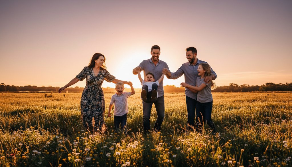 An epic, cinematic moment of a family laughing joyously in a golden-hour field in Cranbourne, their genuine smiles radiating happiness, exemplifying capturing authentic joy in Cranbourne family photography. The father playfully lifts his child while the mother embraces them, all bathed in warm, dramatic sunlight with a soft bokeh background.