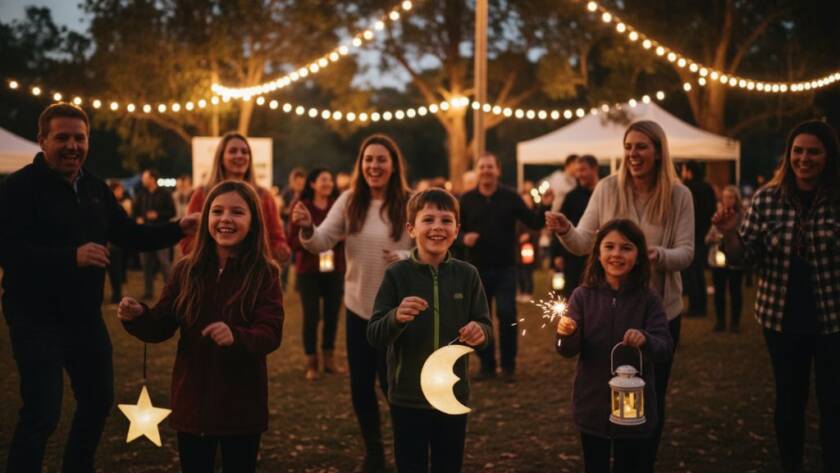 Capturing Authentic Joyful Event Photography Mount Waverley: A candid wide-angle shot of a vibrant community festival at Mount Waverley's Valley Reserve, with families laughing and interacting under festive lights at dusk, showcasing an epic moment of shared happiness and celebration, professionally colour graded.