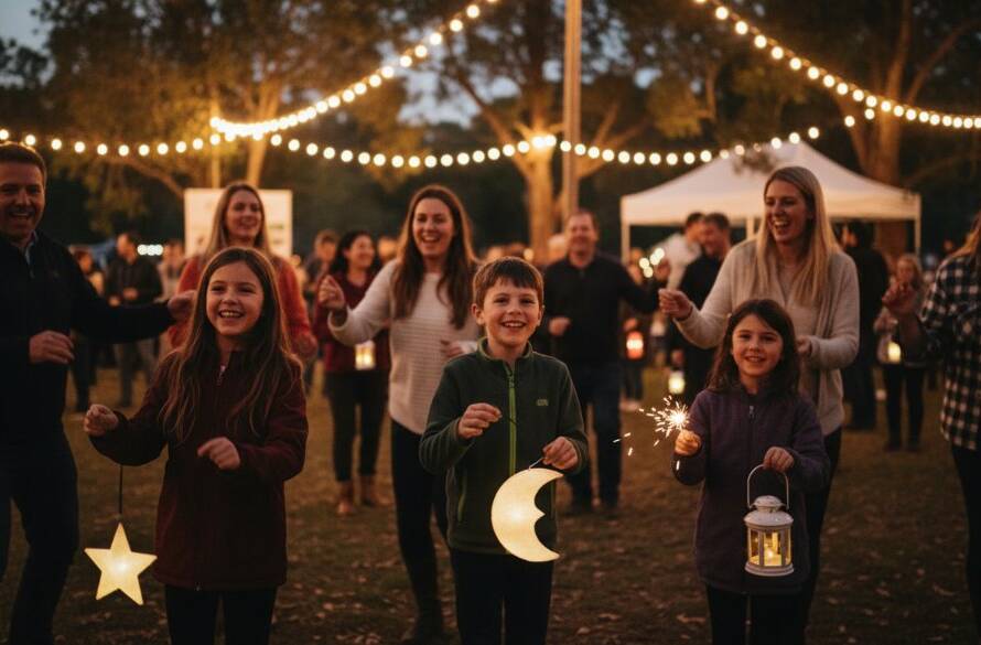 Capturing Authentic Joyful Event Photography Mount Waverley: A candid wide-angle shot of a vibrant community festival at Mount Waverley's Valley Reserve, with families laughing and interacting under festive lights at dusk, showcasing an epic moment of shared happiness and celebration, professionally colour graded.