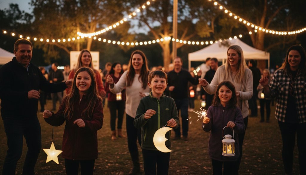 Capturing Authentic Joyful Event Photography Mount Waverley: A candid wide-angle shot of a vibrant community festival at Mount Waverley's Valley Reserve, with families laughing and interacting under festive lights at dusk, showcasing an epic moment of shared happiness and celebration, professionally colour graded.