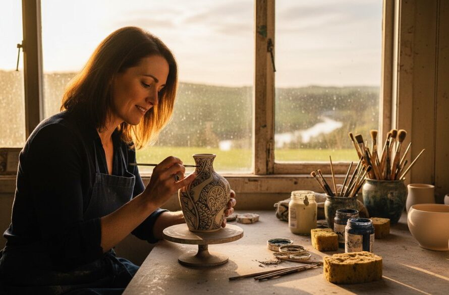 A dramatic, cinematic editorial photograph capturing an authentic Kialla story through editorial photography, showing a local artisan crafting bespoke items in their rustic workshop, dramatic golden hour light streaming through a window, professional color grading.