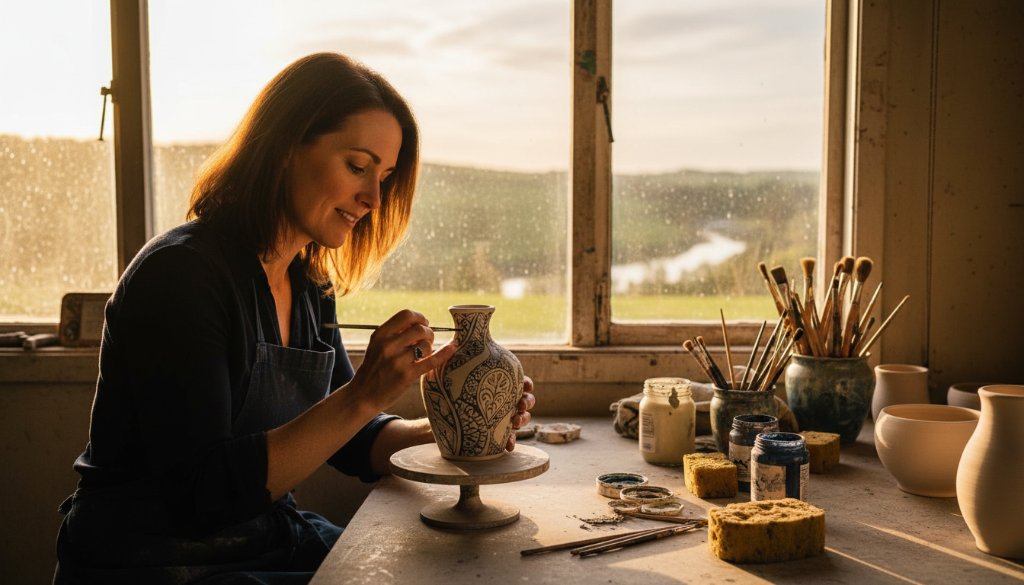 A dramatic, cinematic editorial photograph capturing an authentic Kialla story through editorial photography, showing a local artisan crafting bespoke items in their rustic workshop, dramatic golden hour light streaming through a window, professional color grading.