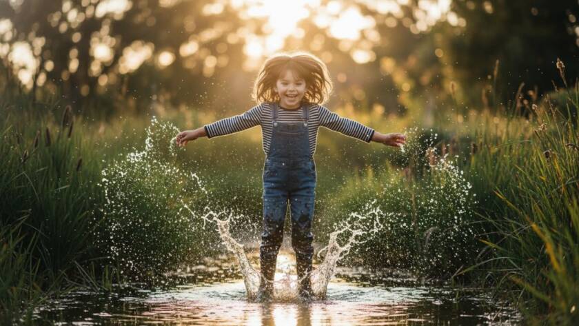 A professional, cinematic photograph capturing authentic kids joy in Koo Wee Rup natural settings. A young boy with a wide, genuine smile is mid-air, leaping over a small puddle with water splashing around him, surrounded by lush green reeds and the soft, golden glow of late afternoon sun in a Koo Wee Rup wetland park. Dramatic backlighting highlights his joyful expression and dynamic movement, with professional colour grading enhancing the vibrant greens and warm tones.