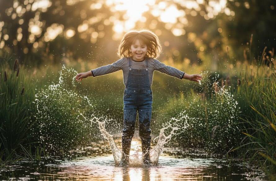 A professional, cinematic photograph capturing authentic kids joy in Koo Wee Rup natural settings. A young boy with a wide, genuine smile is mid-air, leaping over a small puddle with water splashing around him, surrounded by lush green reeds and the soft, golden glow of late afternoon sun in a Koo Wee Rup wetland park. Dramatic backlighting highlights his joyful expression and dynamic movement, with professional colour grading enhancing the vibrant greens and warm tones.