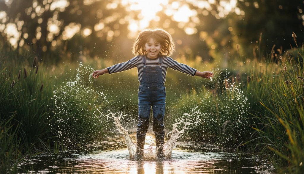 A professional, cinematic photograph capturing authentic kids joy in Koo Wee Rup natural settings. A young boy with a wide, genuine smile is mid-air, leaping over a small puddle with water splashing around him, surrounded by lush green reeds and the soft, golden glow of late afternoon sun in a Koo Wee Rup wetland park. Dramatic backlighting highlights his joyful expression and dynamic movement, with professional colour grading enhancing the vibrant greens and warm tones.