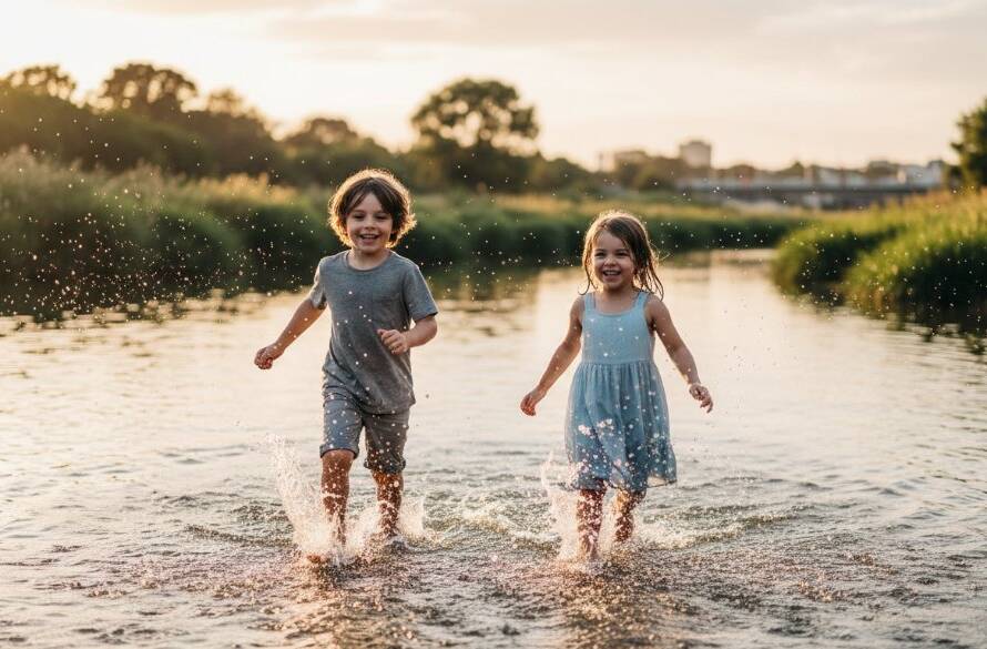 An epic moment of pure, unadulterated joy, capturing authentic kids' joy Maribyrnong style: two children laughing heartily as they splash in the shallow Maribyrnong River at sunset, their faces illuminated by golden light, water droplets suspended in the air. This professional, color-graded photograph shows the vibrant energy of childhood.
