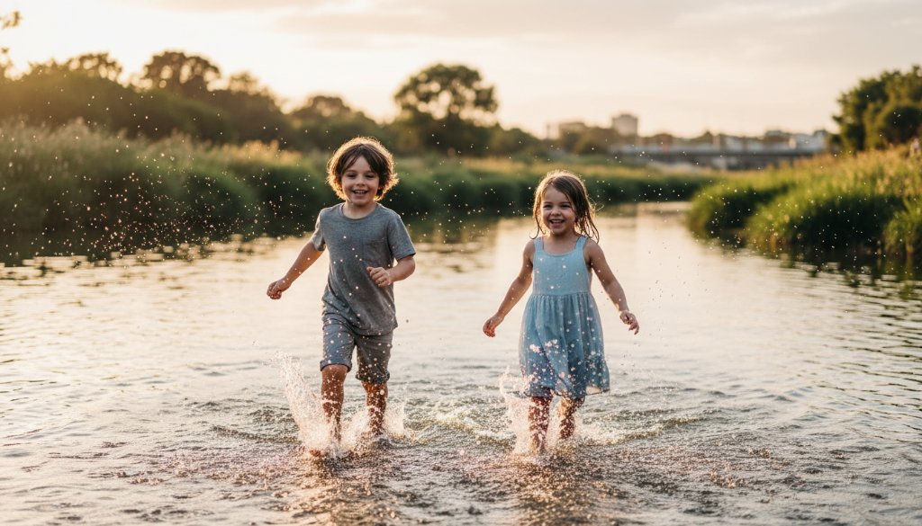 An epic moment of pure, unadulterated joy, capturing authentic kids' joy Maribyrnong style: two children laughing heartily as they splash in the shallow Maribyrnong River at sunset, their faces illuminated by golden light, water droplets suspended in the air. This professional, color-graded photograph shows the vibrant energy of childhood.