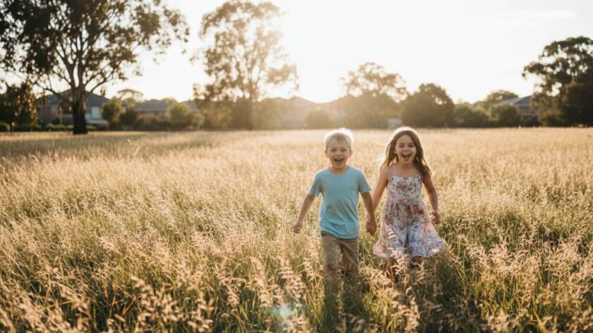 Capturing Authentic Kids Photography Box Hill South: A wide shot of two laughing children playing near a sun-drenched oak tree in Box Hill South, their faces alight with genuine joy, perfectly capturing an epic moment of childhood innocence.