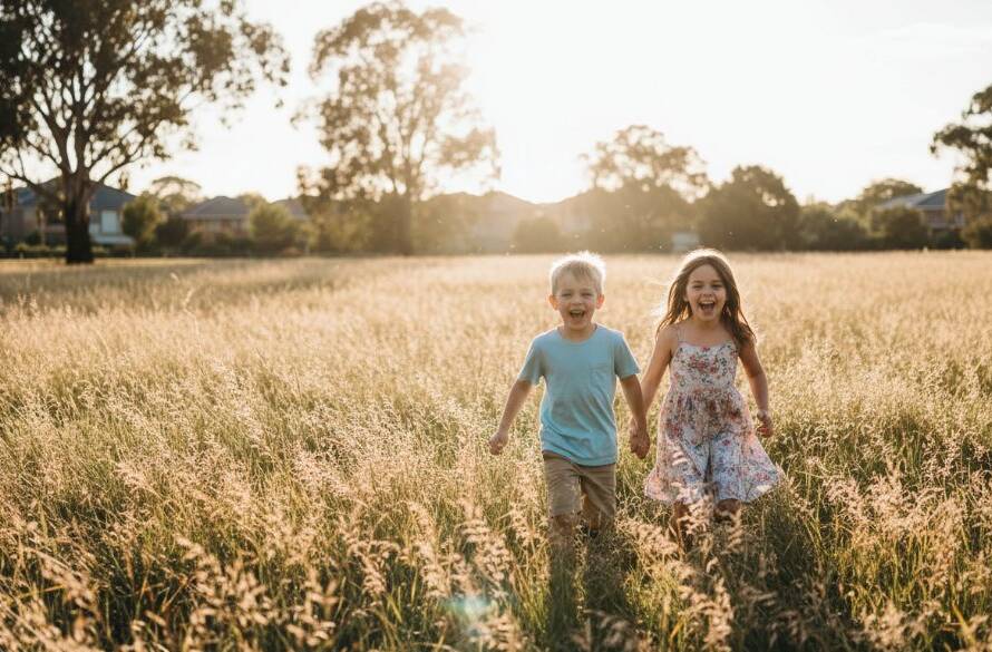 Capturing Authentic Kids Photography Box Hill South: A wide shot of two laughing children playing near a sun-drenched oak tree in Box Hill South, their faces alight with genuine joy, perfectly capturing an epic moment of childhood innocence.