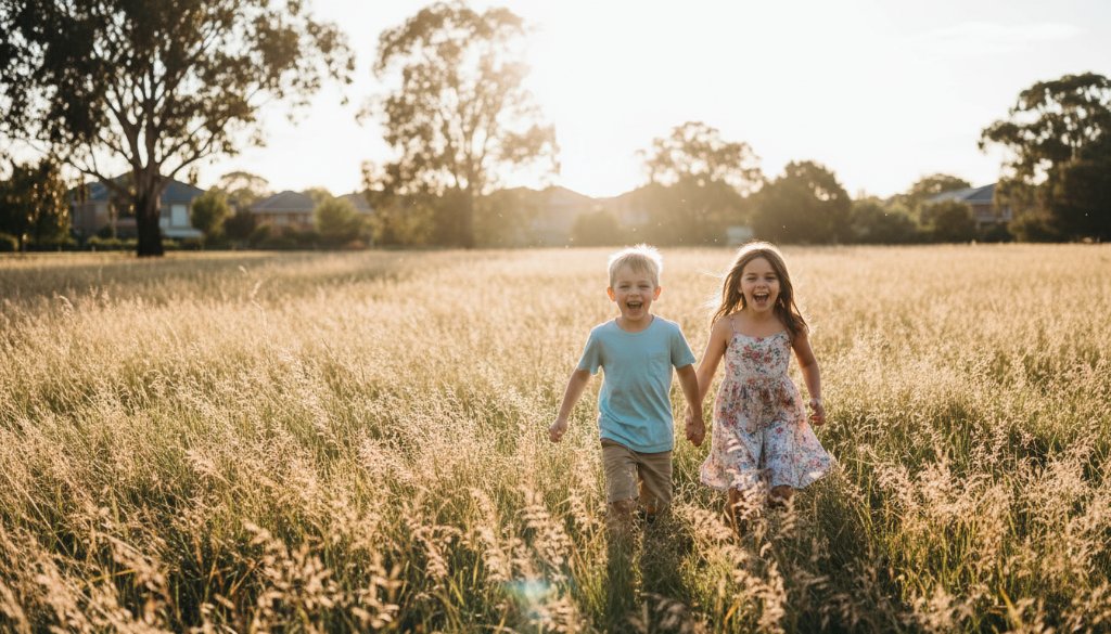 Capturing Authentic Kids Photography Box Hill South: A wide shot of two laughing children playing near a sun-drenched oak tree in Box Hill South, their faces alight with genuine joy, perfectly capturing an epic moment of childhood innocence.