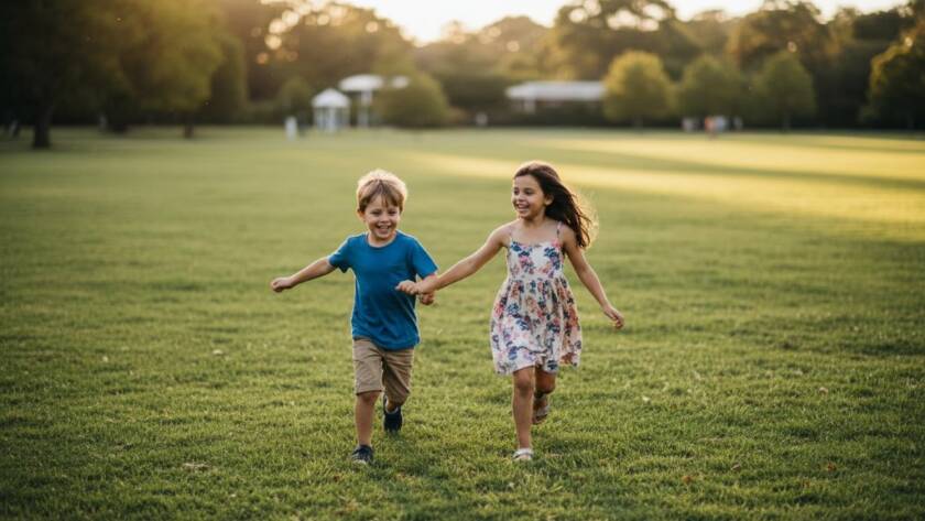 Two joyful children mid-leap in a sun-drenched Malvern East park, capturing authentic kids photography Malvern East park adventures, with golden light backlighting their laughter, showcasing a truly epic family moment.