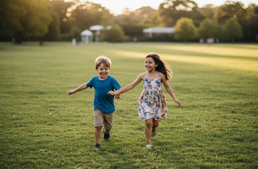Two joyful children mid-leap in a sun-drenched Malvern East park, capturing authentic kids photography Malvern East park adventures, with golden light backlighting their laughter, showcasing a truly epic family moment.