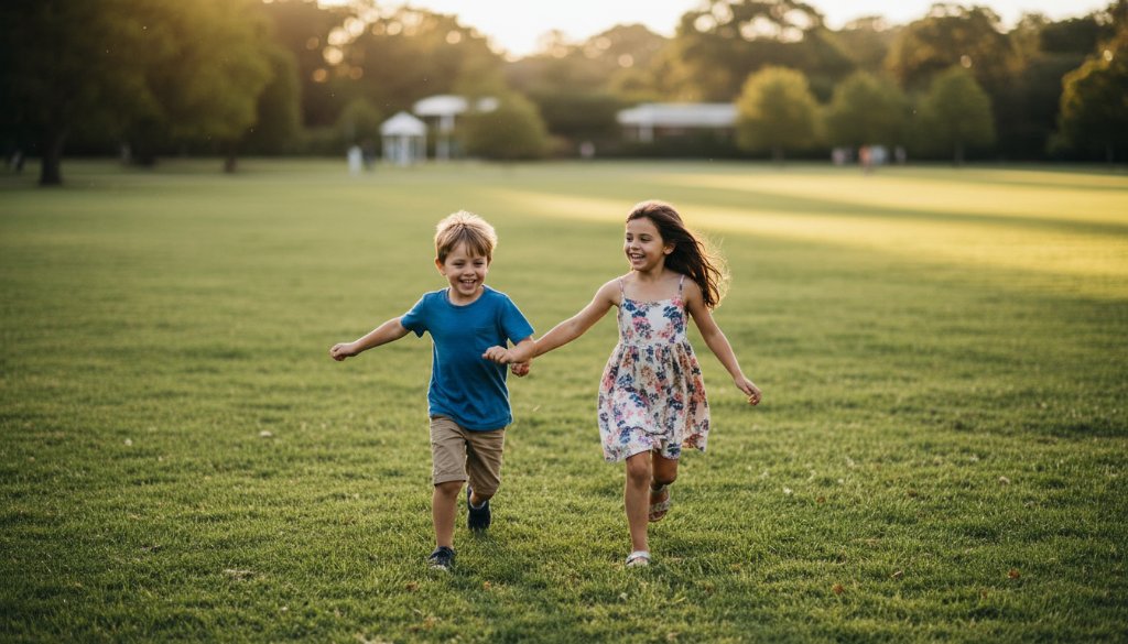 Two joyful children mid-leap in a sun-drenched Malvern East park, capturing authentic kids photography Malvern East park adventures, with golden light backlighting their laughter, showcasing a truly epic family moment.