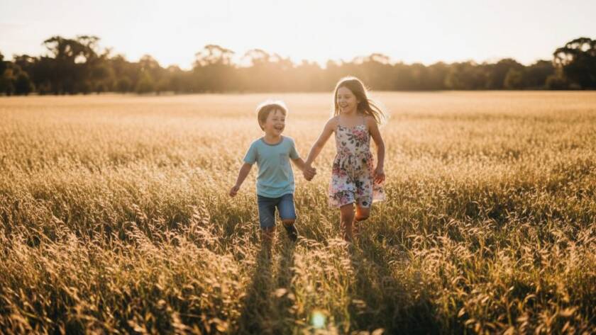 An epic, cinematic photograph of two children, a boy and a girl, laughing joyfully amidst the dappled sunlight in a lush park in Huntingdale, Victoria, capturing an authentic kids photography moment with dramatic backlighting and professional colour grading.