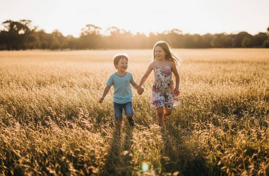 An epic, cinematic photograph of two children, a boy and a girl, laughing joyfully amidst the dappled sunlight in a lush park in Huntingdale, Victoria, capturing an authentic kids photography moment with dramatic backlighting and professional colour grading.