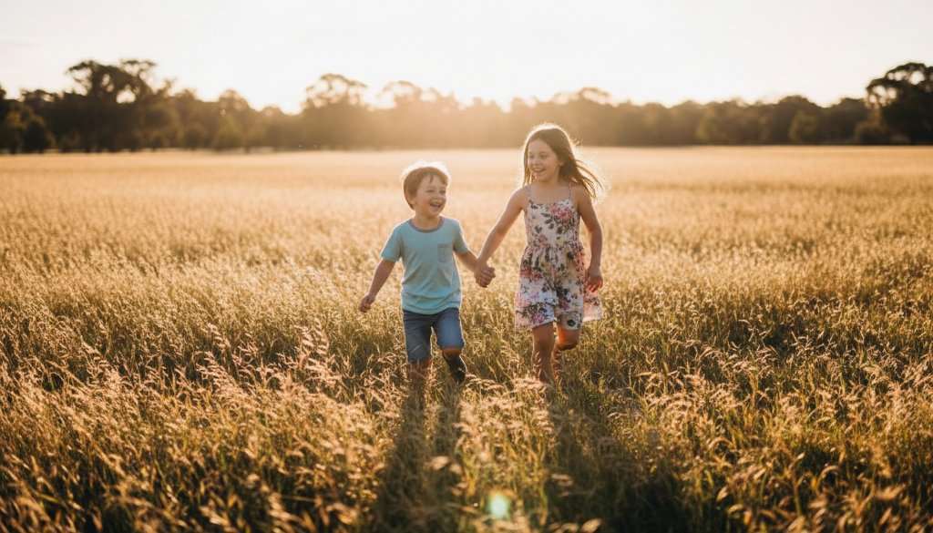 An epic, cinematic photograph of two children, a boy and a girl, laughing joyfully amidst the dappled sunlight in a lush park in Huntingdale, Victoria, capturing an authentic kids photography moment with dramatic backlighting and professional colour grading.