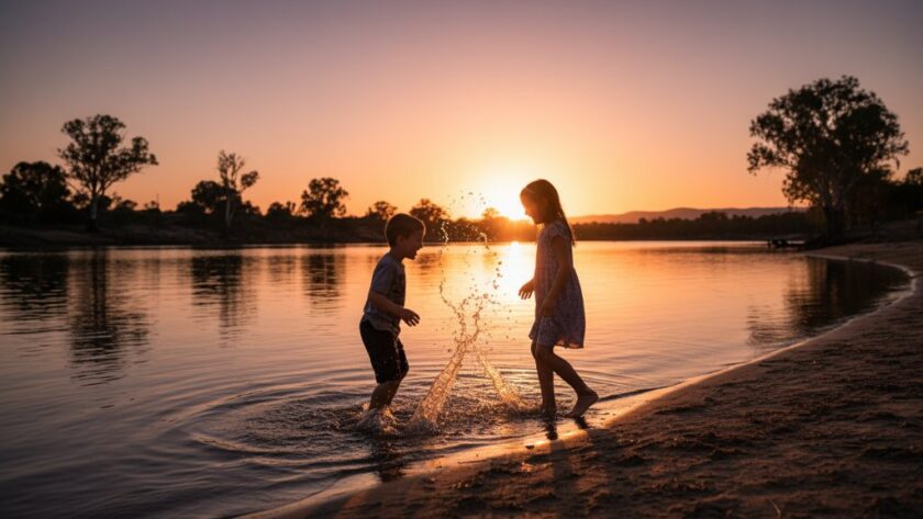 A professional, cinematic photograph capturing authentic kids photography moments Mildura riverfront, showing two children laughing joyfully while splashing in the golden light of sunset by the Murray River, their silhouettes vibrant against the water.