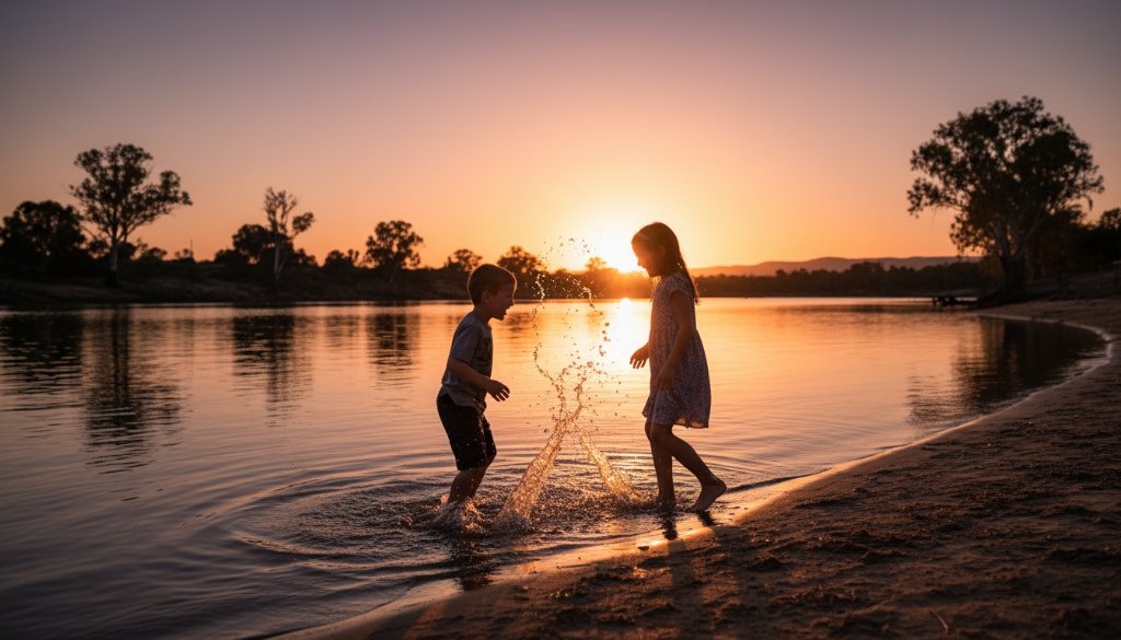 A professional, cinematic photograph capturing authentic kids photography moments Mildura riverfront, showing two children laughing joyfully while splashing in the golden light of sunset by the Murray River, their silhouettes vibrant against the water.
