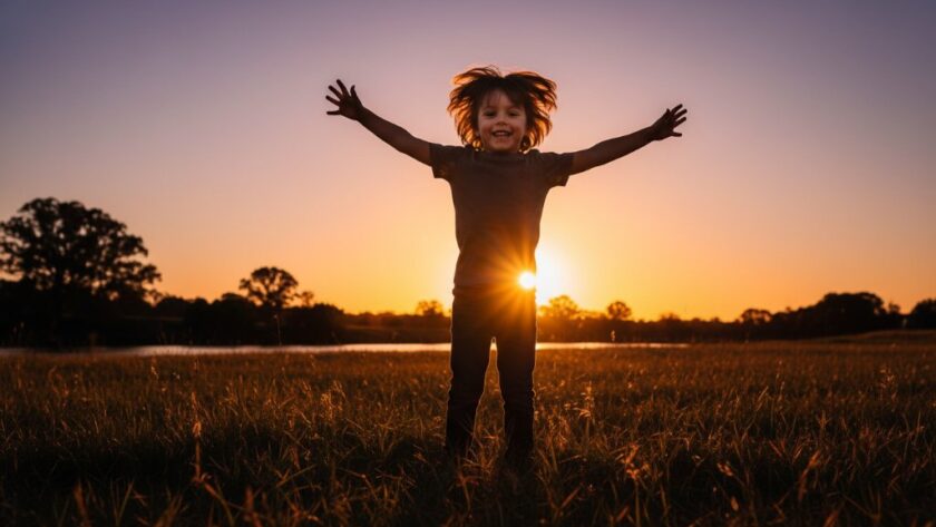 A heartwarming, professionally colour-graded photograph capturing authentic kids photography Mooroopna joy. A child is laughing freely amidst golden afternoon light in a natural setting near the Goulburn River, surrounded by soft, blurred greenery, reflecting a pure 'epic moment' of childhood.