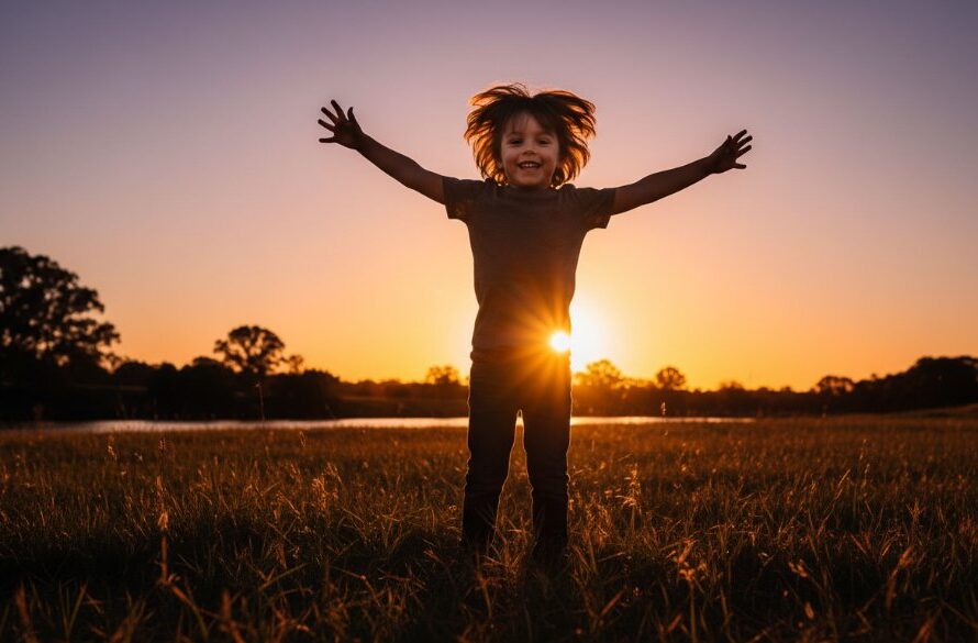 A heartwarming, professionally colour-graded photograph capturing authentic kids photography Mooroopna joy. A child is laughing freely amidst golden afternoon light in a natural setting near the Goulburn River, surrounded by soft, blurred greenery, reflecting a pure 'epic moment' of childhood.