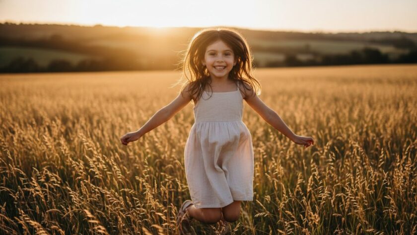 Epic moment of a child laughing joyfully mid-jump in a golden field at sunset in Warragul, perfectly capturing authentic kids photography Warragul memories with dramatic backlighting.