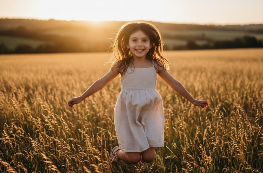 Epic moment of a child laughing joyfully mid-jump in a golden field at sunset in Warragul, perfectly capturing authentic kids photography Warragul memories with dramatic backlighting.