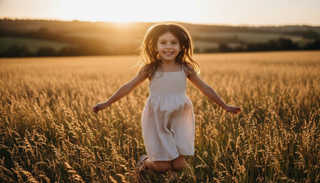 Epic moment of a child laughing joyfully mid-jump in a golden field at sunset in Warragul, perfectly capturing authentic kids photography Warragul memories with dramatic backlighting.