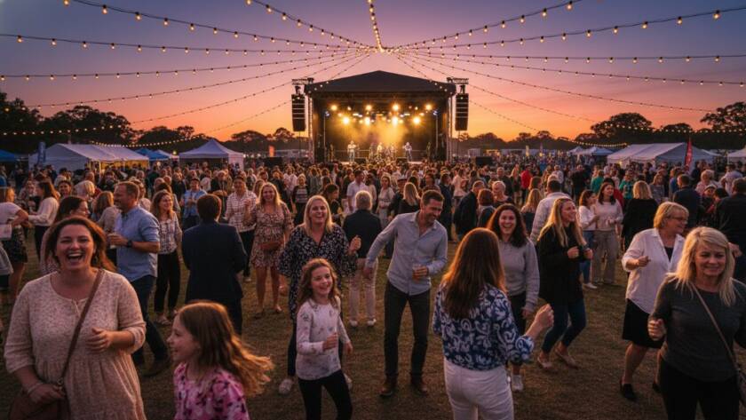 A professional photograph of a lively community festival in Langwarrin at twilight, featuring diverse attendees enjoying music and food trucks under warm string lights, beautifully illustrating Capturing authentic Langwarrin event photography with candid emotion and vibrant colours.