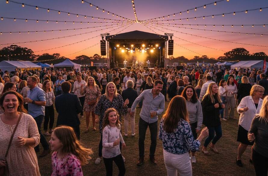 A professional photograph of a lively community festival in Langwarrin at twilight, featuring diverse attendees enjoying music and food trucks under warm string lights, beautifully illustrating Capturing authentic Langwarrin event photography with candid emotion and vibrant colours.