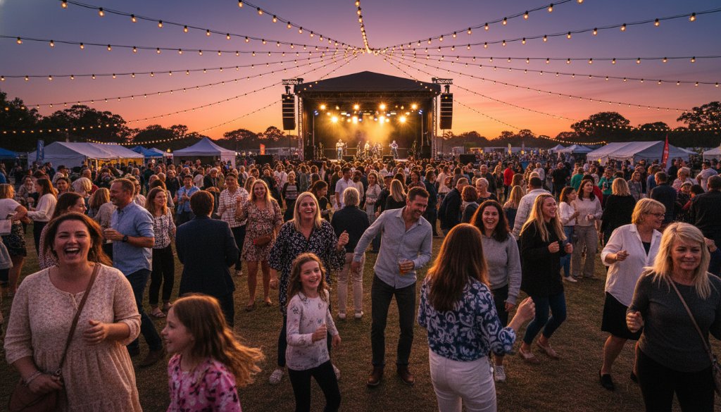 A professional photograph of a lively community festival in Langwarrin at twilight, featuring diverse attendees enjoying music and food trucks under warm string lights, beautifully illustrating Capturing authentic Langwarrin event photography with candid emotion and vibrant colours.