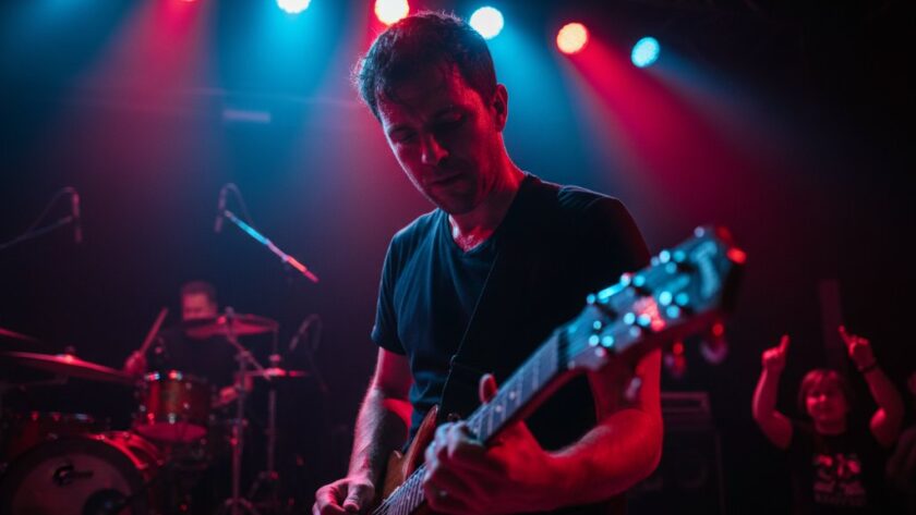 Dynamic, close-up shot of a lead guitarist mid-solo, bathed in dramatic stage lighting, capturing authentic live music Wallan Victoria with raw energy and passion, an epic concert moment.
