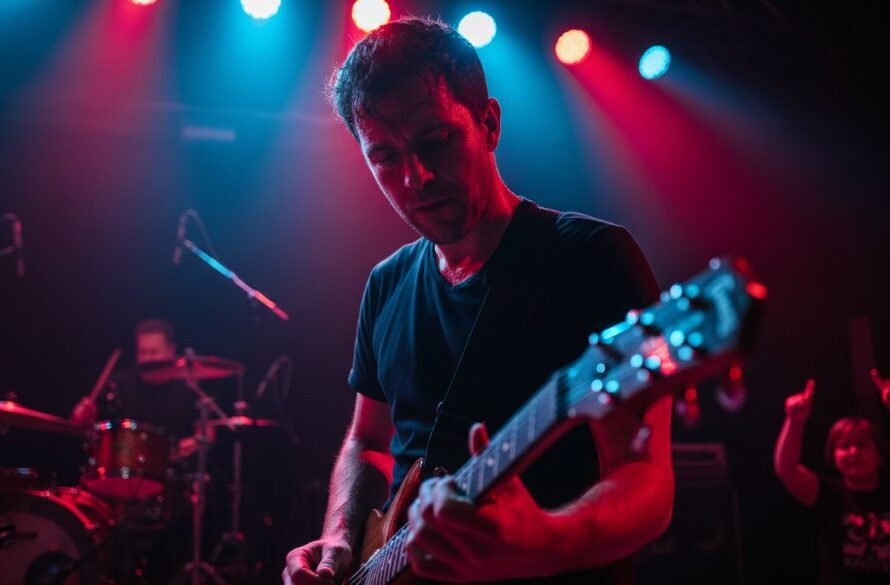 Dynamic, close-up shot of a lead guitarist mid-solo, bathed in dramatic stage lighting, capturing authentic live music Wallan Victoria with raw energy and passion, an epic concert moment.