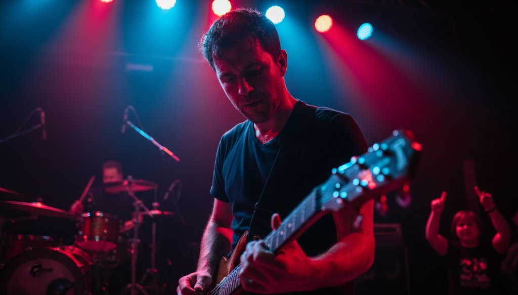 Dynamic, close-up shot of a lead guitarist mid-solo, bathed in dramatic stage lighting, capturing authentic live music Wallan Victoria with raw energy and passion, an epic concert moment.