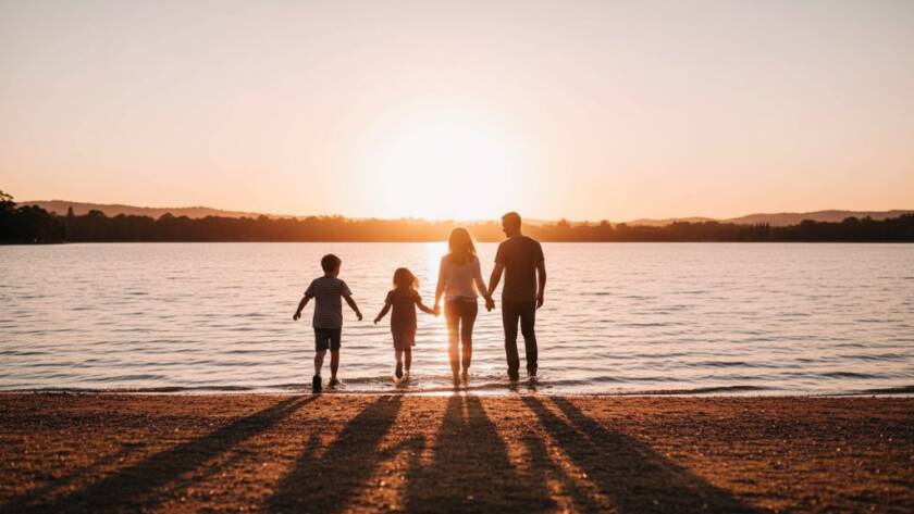 A stunning, dramatic wide-angle shot of a family laughing joyfully as they walk hand-in-hand through the golden hour light near Lysterfield Lake, perfectly Capturing authentic Lysterfield candid family moments with emotional depth and natural beauty.