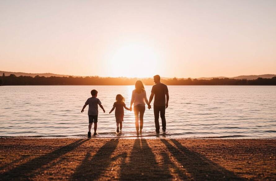 A stunning, dramatic wide-angle shot of a family laughing joyfully as they walk hand-in-hand through the golden hour light near Lysterfield Lake, perfectly Capturing authentic Lysterfield candid family moments with emotional depth and natural beauty.