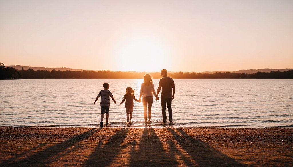 A stunning, dramatic wide-angle shot of a family laughing joyfully as they walk hand-in-hand through the golden hour light near Lysterfield Lake, perfectly Capturing authentic Lysterfield candid family moments with emotional depth and natural beauty.