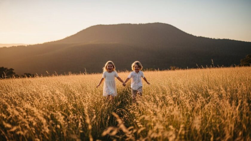 A candid, sun-kissed portrait of two laughing children running through a field of golden grass near Mount Macedon, captured as an authentic Macedon kids photography moment, with soft backlighting creating a dreamy, ethereal glow and a wide-angle lens for an epic sense of freedom and joy. The image is professionally color-graded with warm tones.