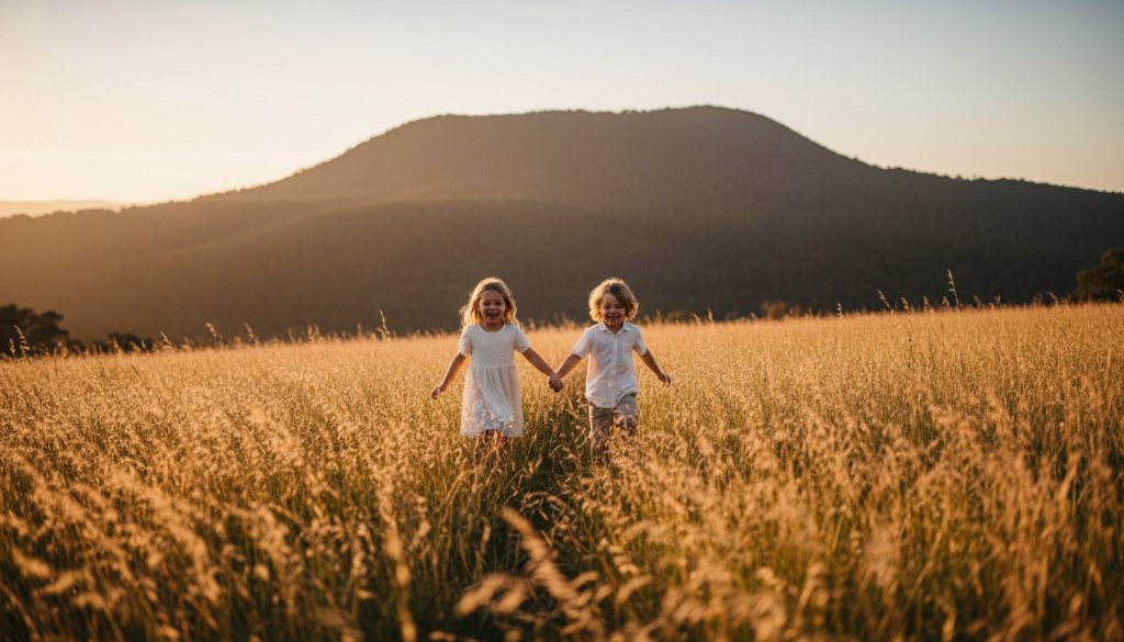 A candid, sun-kissed portrait of two laughing children running through a field of golden grass near Mount Macedon, captured as an authentic Macedon kids photography moment, with soft backlighting creating a dreamy, ethereal glow and a wide-angle lens for an epic sense of freedom and joy. The image is professionally color-graded with warm tones.