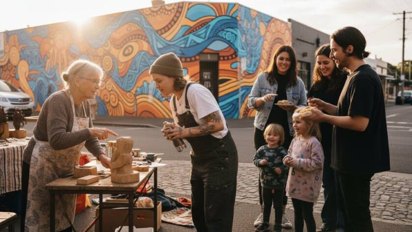 A candid, emotionally charged editorial photograph capturing an 'epic moment' of local Maidstone artists collaborating on a vibrant community mural, bathed in golden hour light, reflecting the essence of Capturing Authentic Maidstone Stories with Editorial Photography.
