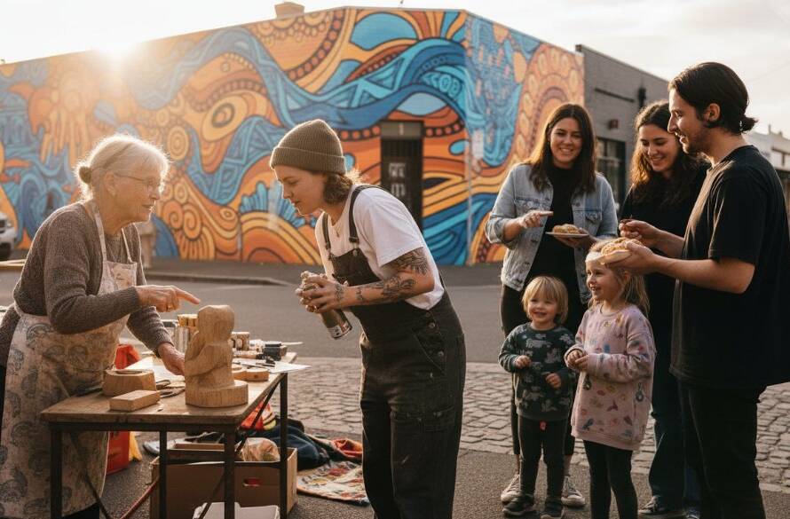 A candid, emotionally charged editorial photograph capturing an 'epic moment' of local Maidstone artists collaborating on a vibrant community mural, bathed in golden hour light, reflecting the essence of Capturing Authentic Maidstone Stories with Editorial Photography.