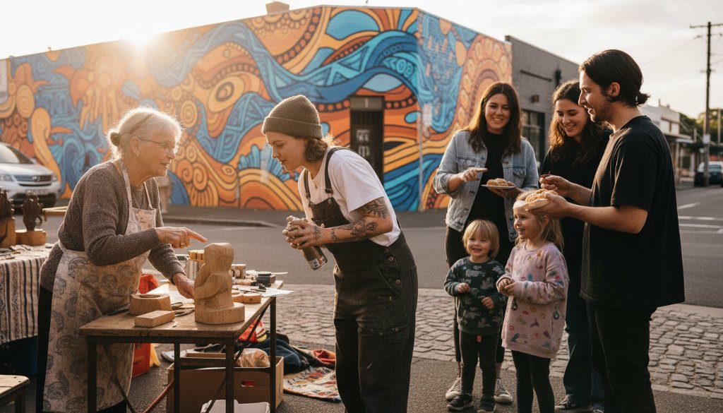 A candid, emotionally charged editorial photograph capturing an 'epic moment' of local Maidstone artists collaborating on a vibrant community mural, bathed in golden hour light, reflecting the essence of Capturing Authentic Maidstone Stories with Editorial Photography.