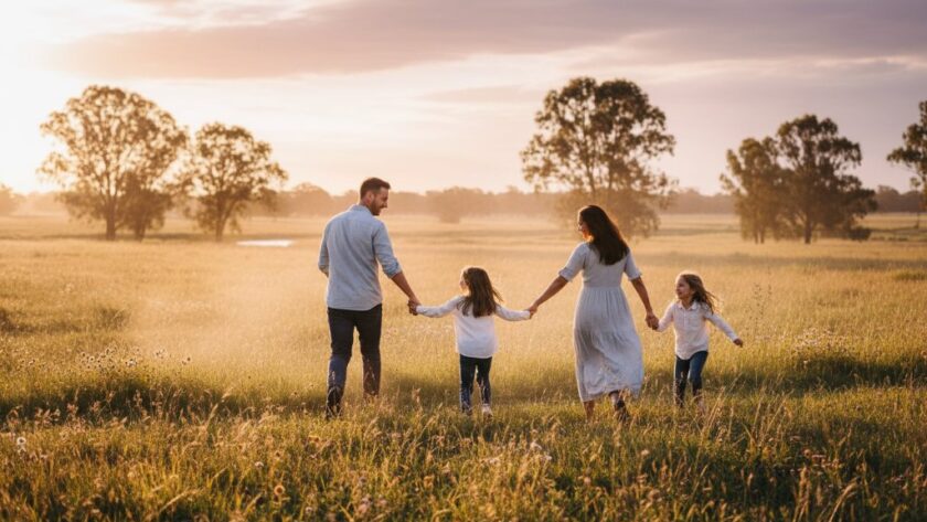 A stunning candid photograph capturing authentic Marong family moments candidly, featuring a family laughing joyfully by the serene Marong Creek, bathed in golden hour light with vibrant Australian flora in the background, a true epic moment of connection.