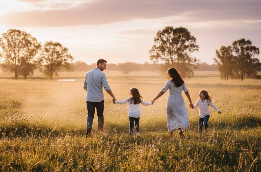 A stunning candid photograph capturing authentic Marong family moments candidly, featuring a family laughing joyfully by the serene Marong Creek, bathed in golden hour light with vibrant Australian flora in the background, a true epic moment of connection.