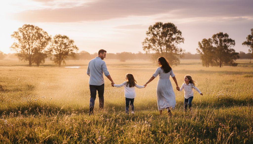 A stunning candid photograph capturing authentic Marong family moments candidly, featuring a family laughing joyfully by the serene Marong Creek, bathed in golden hour light with vibrant Australian flora in the background, a true epic moment of connection.