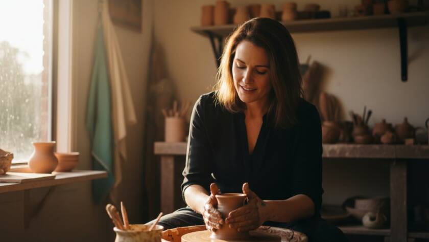 Dramatic, professionally colour-graded photograph of a local Ormond business owner, deeply engaged in their craft within their boutique workshop, bathed in warm, natural light filtering through a window, encapsulating an authentic story through high-quality Ormond editorial photography narratives.