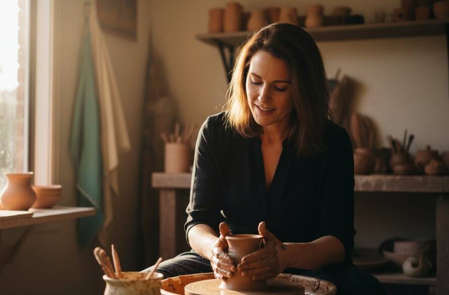 Dramatic, professionally colour-graded photograph of a local Ormond business owner, deeply engaged in their craft within their boutique workshop, bathed in warm, natural light filtering through a window, encapsulating an authentic story through high-quality Ormond editorial photography narratives.