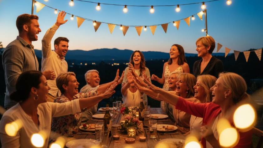 A wide-angle, vibrant photograph capturing authentic party joy Upper Ferntree Gully, showing guests of all ages laughing and dancing under warm string lights at a twilight outdoor celebration, with the soft, silhouetted Dandenong Ranges in the background. Professionally lit with a golden hour glow and cinematic colour grading, it highlights genuine connection and festive energy.