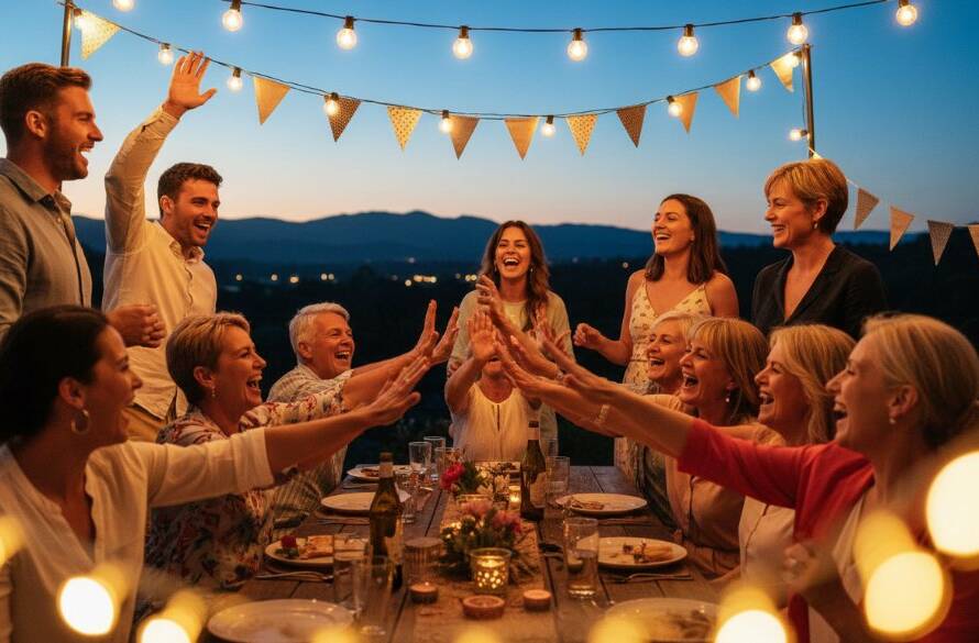 A wide-angle, vibrant photograph capturing authentic party joy Upper Ferntree Gully, showing guests of all ages laughing and dancing under warm string lights at a twilight outdoor celebration, with the soft, silhouetted Dandenong Ranges in the background. Professionally lit with a golden hour glow and cinematic colour grading, it highlights genuine connection and festive energy.